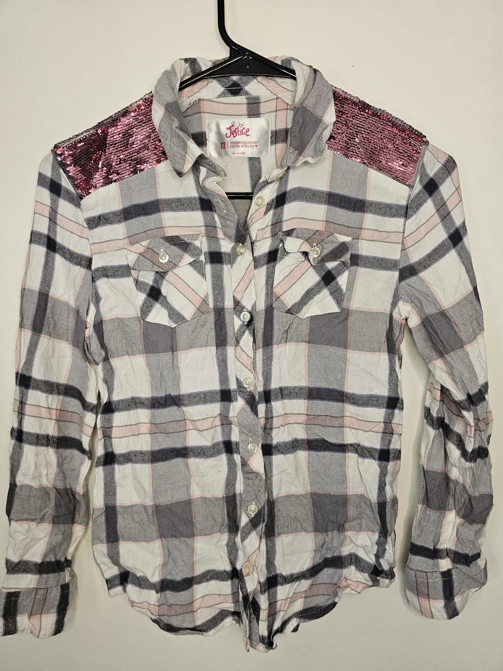 Justice Plaid Sequin Shoulder Button Down Shirt Girls 12 Y2K